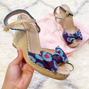 Kate Spade Wedges Floral Red Blue Bow Slingback Espadrilles Open Toe size 8.5